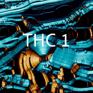 May include: Abstract image with a swirling pattern of teal, brown, and black. The text "THC 1" is displayed in white across the image. The design resembles a microscopic view of a substance.