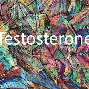 May include: Abstract image with a vibrant, multicolored crystalline structure. The image features a spectrum of colors including blues, greens, pinks, and oranges. The word "Testosterone" is written in white across the image.