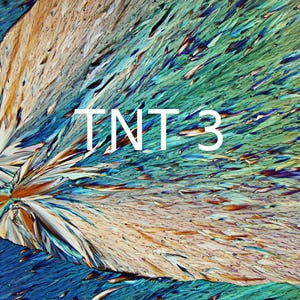 May include: Abstract image with a close-up view of a colorful, crystalline structure. The image features a blend of blue, green, and brown hues, with the text "TNT 3" in white.