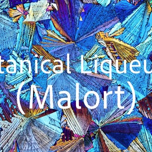 May include: Abstract image with a blue, purple, and gold crystalline pattern. The text "Botanical Liqueur 1 (Malort)" is overlaid in white, indicating the subject matter.