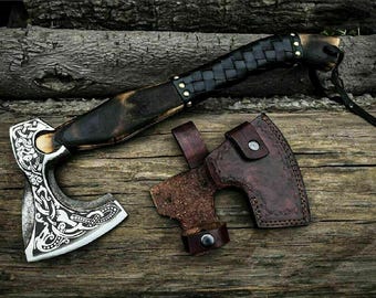 Handmade Viking Axe, Engraved Ashwood Handle, Carbon Steel Bearded Hatchet with Leather Sheath, Groomsmen Gift, Anniversary Gift for Him