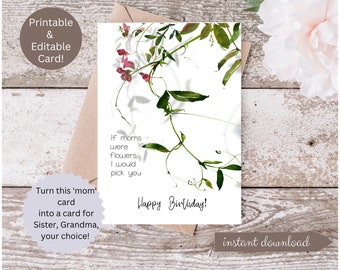 Sweet Pea Birthday Card for Mom / Custom Card / Instant Download  Template Editable DIY Digital Template, Corjl