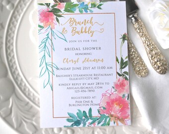 Pink Floral Bridal Shower Brunch and Bubbly Template Editable Invitation DIY Editable Printable Digital Template, Corjl A103