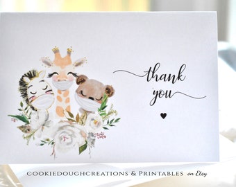 Baby Shower Thank You Card Template Baby Animals with Masks Instant Download Template Printable Digital Template, Corjl A124