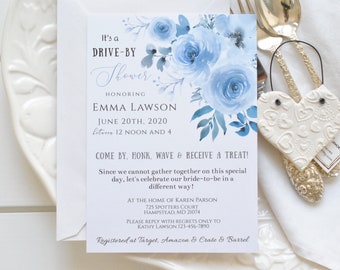 Editable Dusty Blue Flowers Drive By Bridal Shower Template Instant Download Invitation DIY Editable Printable Digital Template, Corjl A114
