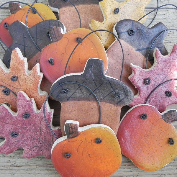 Fall Salt Dough Ornaments Set of 12 Pumpkins, Acorns and Leaf Party Favors / Napkin Rings