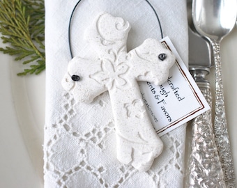 Pearl Shimmer Cross Baptism Favors Imprinted Salt Dough Cross Napkin Ring Ornaments Boy or Girl Baptism