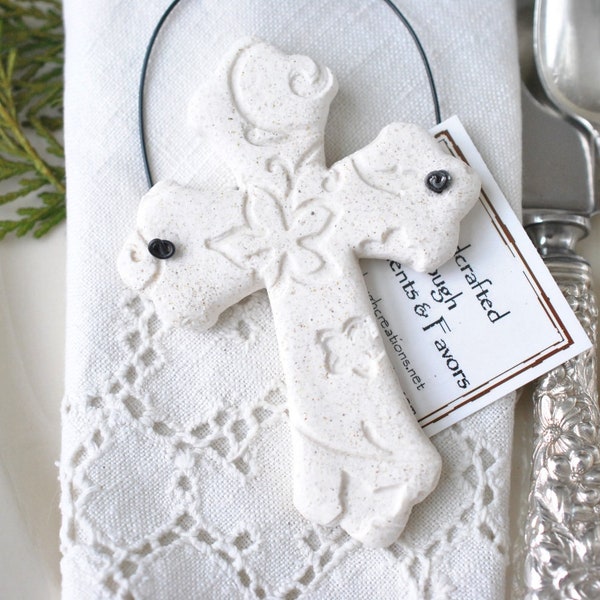 Pearl Shimmer Cross Baptism Favors Imprinted Salt Dough Cross Napkin Ring Ornaments Boy or Girl Baptism