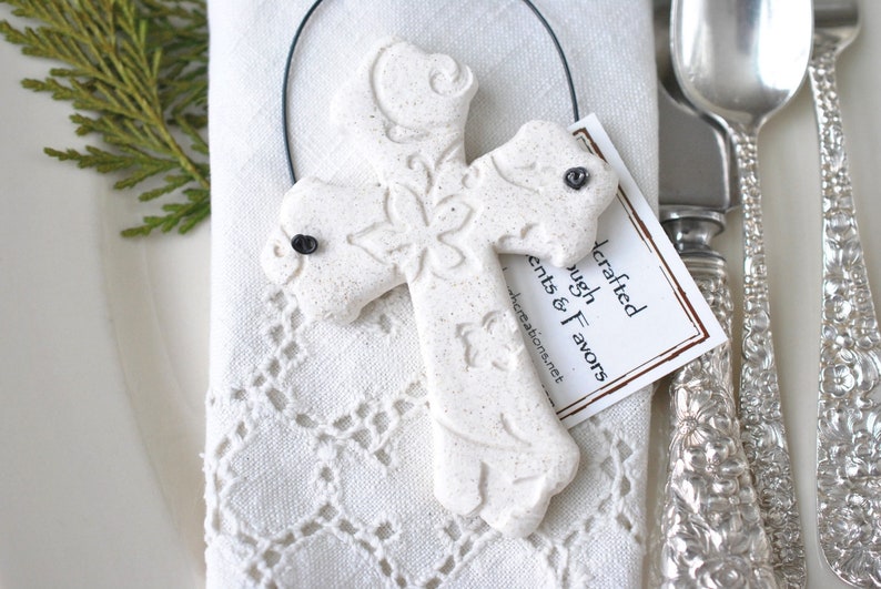 Pearl Shimmer Cross Baptism Favors Imprinted Salt Dough Cross Napkin Ring Ornaments Boy or Girl Baptism image 1