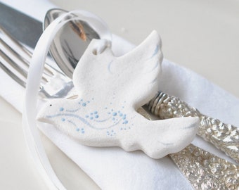 Recuerdos de bautismo personalizados con forma de paloma, paloma de boda, regalos de baby shower, adorno de masa de sal con forma de paloma.