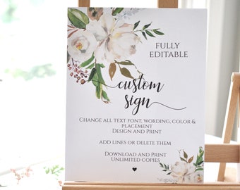 Editable Printable White Flower Wedding Sign Template DIY Instant Download Editable Printable, Corjl A109