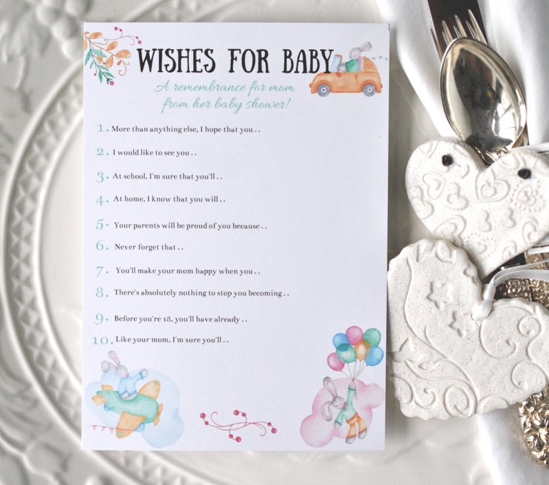 Wishes for Baby Baby Shower Game Card Pastel Bunny DIGITAL DOWNLOAD, Corjl A120 image 3