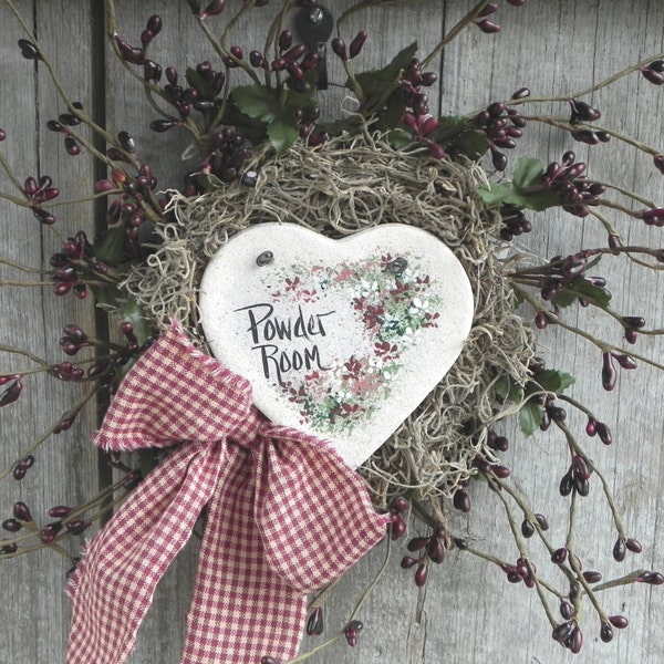 Powder Room Berry Wreath with Salt Dough Heart Ornament