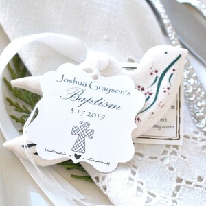 Baptism Decorations Communion or Bridal Shower Dove Personalized Favors Salt Dough Ornament image 7