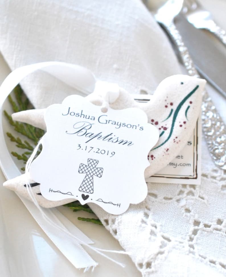 Baptism Decorations Communion or Bridal Shower Dove Personalized Favors Salt Dough Ornament image 7