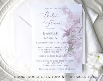 Purple Lilies Bridal Shower Template Watercolor Washes Editable Invitation Template DIY Editable Printable Digital Template, Corjl A112