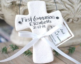 Personalized First Communion White Cross with White Ribbon Gift Salt Dough Ornament