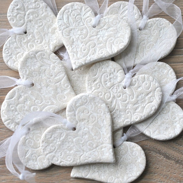 Imprinted Heart Favors in White or Silver Salt Dough Heart Ornaments for Valentines Day