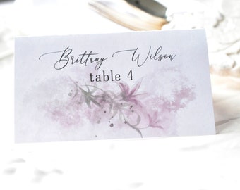 Purple Lilies Tented Wedding Template Place Card Place Setting Tags Instant Download Editable Printable, Corjl A112