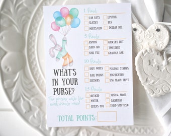 Pastel Bunny Baby Shower Game Card What's in your Purse DIGITAL DOWNLOAD, Corjl A120