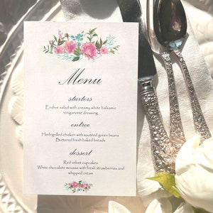 Editable Menu Card 4x6 Pink Flowers Template DIY Instant Download, Corjl A103