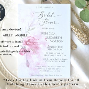 Pink Roses Watercolor Washes Bridal Shower Template Editable Invitation Template DIY Editable Printable Digital Template, Corjl A107 image 2