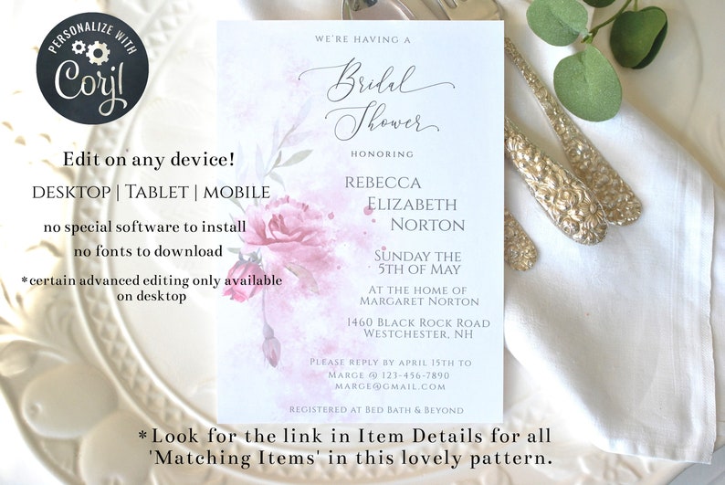 Pink Roses Watercolor Washes Bridal Shower Template Editable Invitation Template DIY Editable Printable Digital Template, Corjl A107 image 2