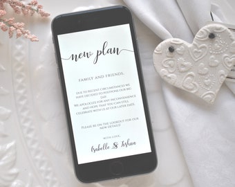 New Plan Wedding Postponed Evite Text Message Template 1080 x 1920 px Instant Download DIY Editable Digital Template, Corjl A104