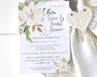 Drive-By Bridal Shower Editable Template and Evite White Flowers Printable Digital Template, Corjl A109