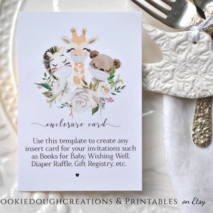 Baby Shower Custom Enclosure Card Insert Baby Animals with Masks Instant Download Template Printable Digital Template, Corjl A124