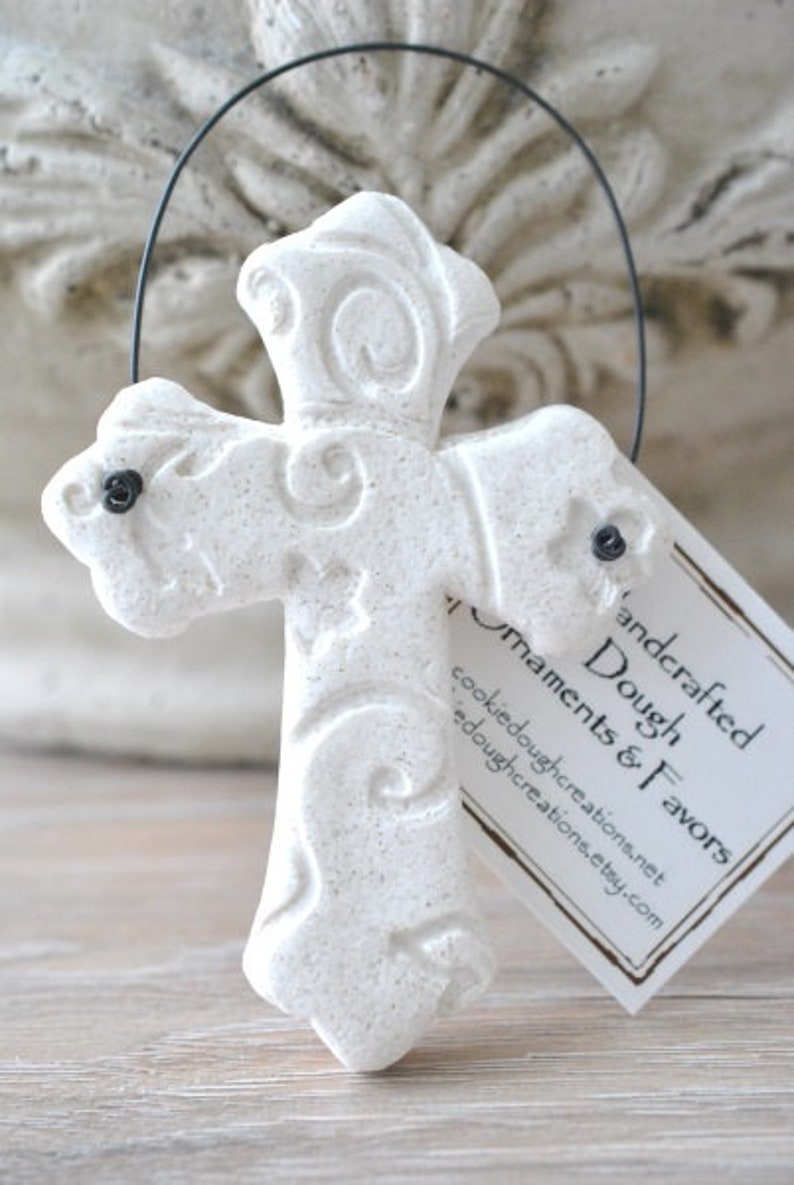 Pearl Shimmer Cross Baptism Favors Imprinted Salt Dough Cross Napkin Ring Ornaments Boy or Girl Baptism image 5