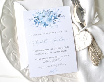 Dusty Blue Flowers 5x7 Wedding Invitation Template Instant Download Editable Invitation DIY Editable Printable Digital Template, Corjl A114