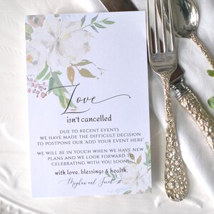 Bridal Shower / Wedding Postponed White Flowers Change of Plans Digital 4x6 Editable Template Printable Digital Template, Corjl A109