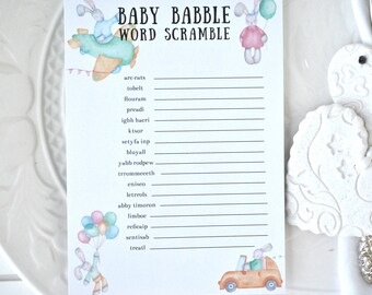 Baby Shower Word Scramble Game Card Pastel Bunny DIGITAL DOWNLOAD, Corjl A120