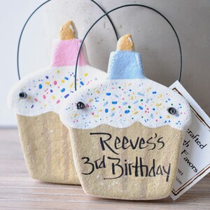 Personalized Birthday Cupcake Salt Dough Ornament / Birthday Package Tie / Party Favor Ornament image 1