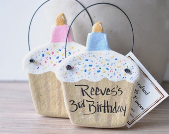 Personalized Birthday Cupcake Salt Dough Ornament / Birthday Package Tie / Party Favor Ornament