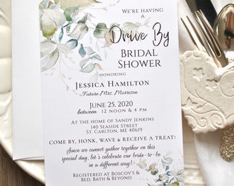 Drive By Bridal Shower Invitation Dusty Blue and Soft Green Instant Download Template Editable DIY Editable Printable Template, Corjl A108