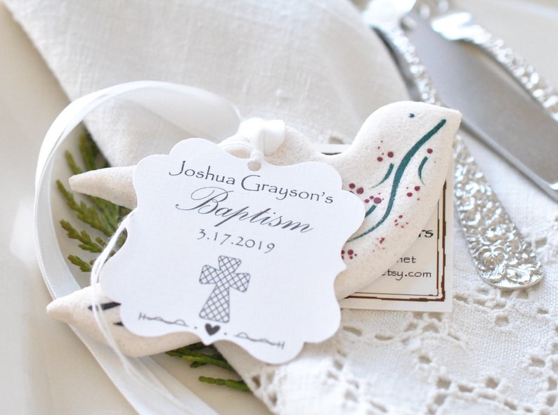 Baptism Decorations Communion or Bridal Shower Dove Personalized Favors Salt Dough Ornament image 1