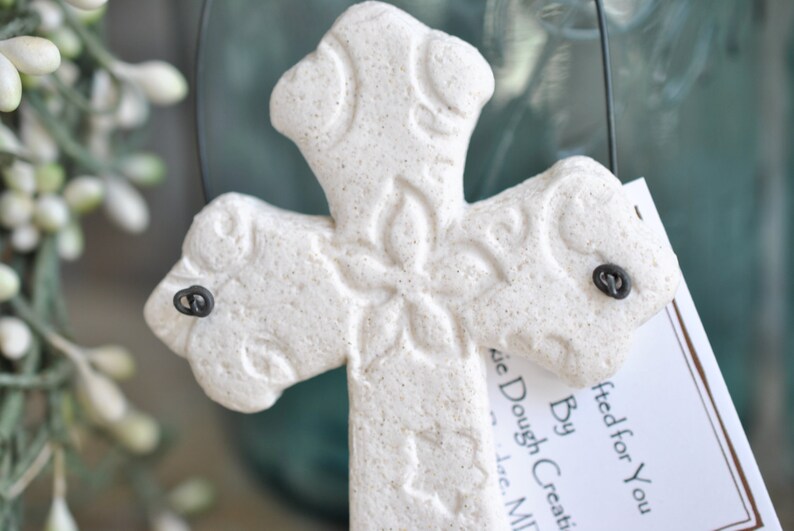 Pearl Shimmer Cross Baptism Favors Imprinted Salt Dough Cross Napkin Ring Ornaments Boy or Girl Baptism image 4