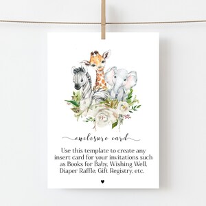 Safari Animals / Baby Shower / Printable Enclosure Card Digital Template, Corjl A137