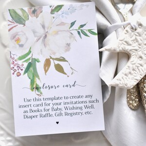 Printable Shower Enclosure Card White Flowers Custom Insert Baby / Bridal Shower / Wedding Instant Download Template , Corjl A109