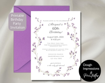 Printable Birthday Party Invitation Purple Flowers Template 5x7 and Evite Included Editable DIY Digital Templates, Corjl