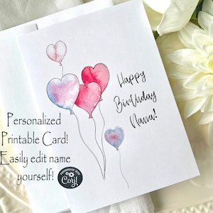Personalized Birthday Card Printable Editable Card Watercolor Balloons Card Digital Template Printable, Corjl