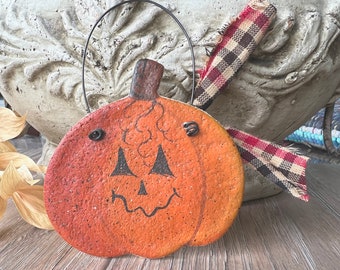 Rustic Hand Painted Pumpkin or Jack O' Lantern Autumn Salt Dough Ornament Decorations