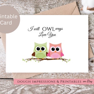 Carte d'anniversaire imprimable Modèle de carte Hibou d'amour Modèle numérique bricolage modifiable, Corjl
