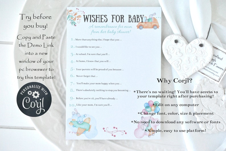 Wishes for Baby Baby Shower Game Card Pastel Bunny DIGITAL DOWNLOAD, Corjl A120 image 2