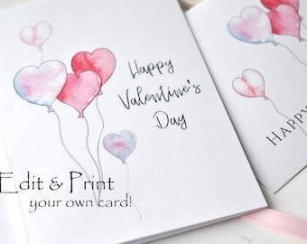 Printable Valentine's Day Watercolor Card Digital Template Printable, Corjl