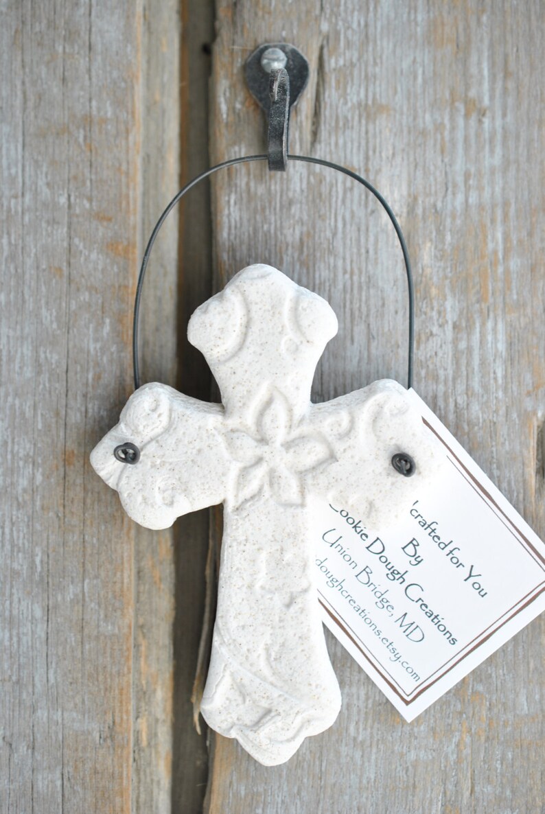 Pearl Shimmer Cross Baptism Favors Imprinted Salt Dough Cross Napkin Ring Ornaments Boy or Girl Baptism image 7