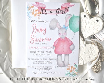 Editable Baby Shower Bunny It's a Girl Printable Invitation Template Instant Download Digital Template, Corjl A120