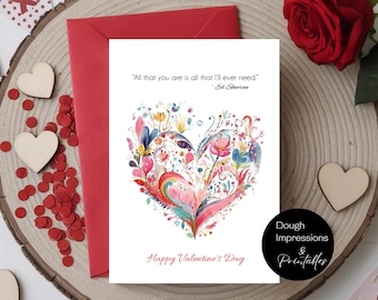 Tarjeta imprimible para el día de San Valentín, 5 x 7, corazón abstracto, corazón floral, descarga instantánea